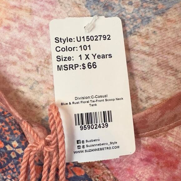 NWT Weekend Suzanne Betro Blue & Rust Floral Tie-Front Scoop Neck Tank Size 1X - Picture 5 of 6